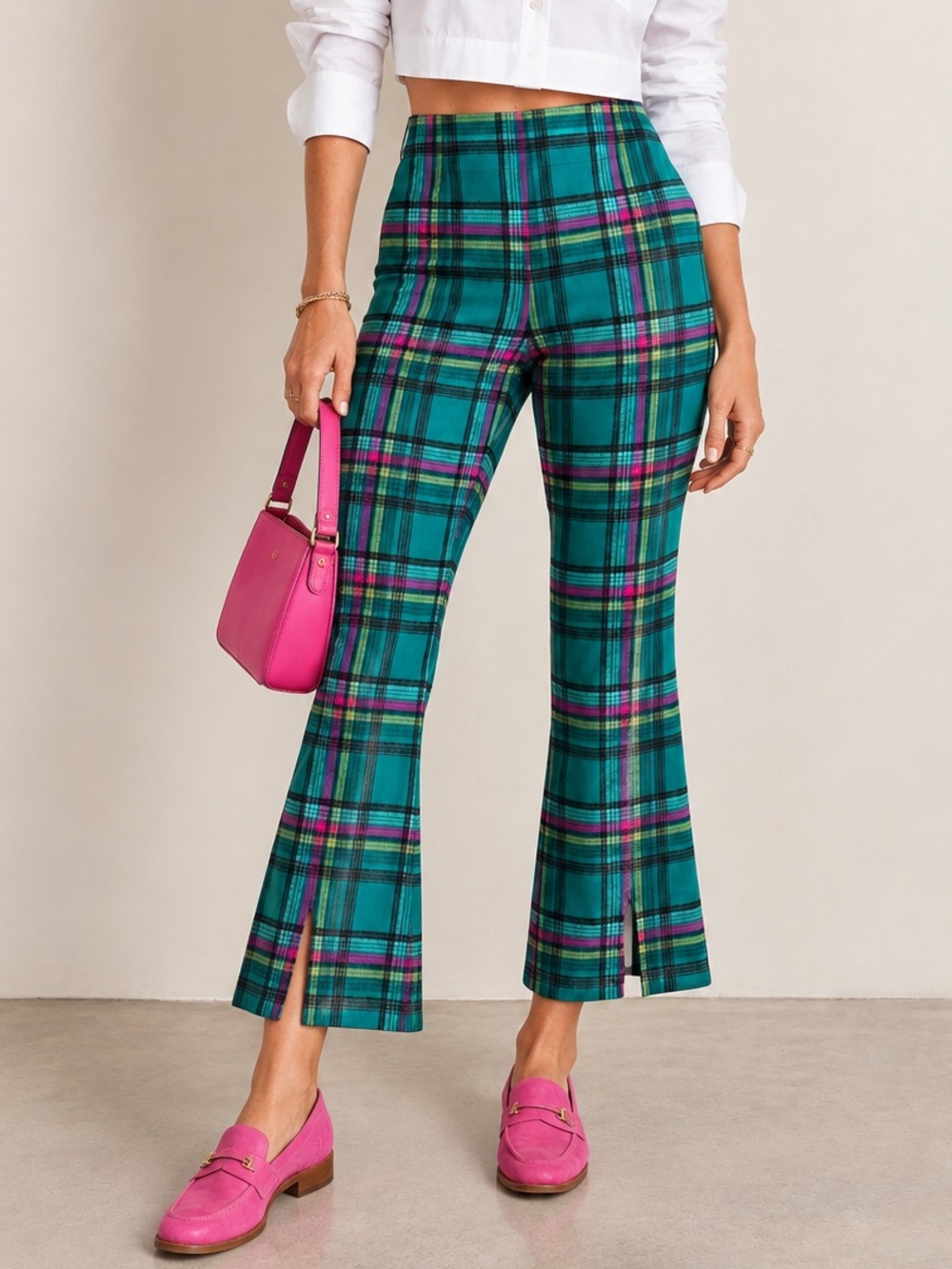 NWT Slim Factor by Investments Green Plaid Kick Flare Slit Pants Medium